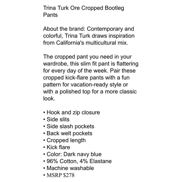 Trina Turk Ore Cropped Boot Pants  Size 2  Navy Mid-Rise Kick Flare Leg - Picture 12 of 16